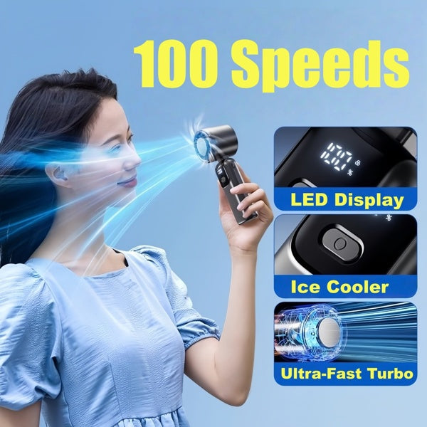 Infographic showing the fan can be hung, stood upright, or folded, with 100-speed LED display