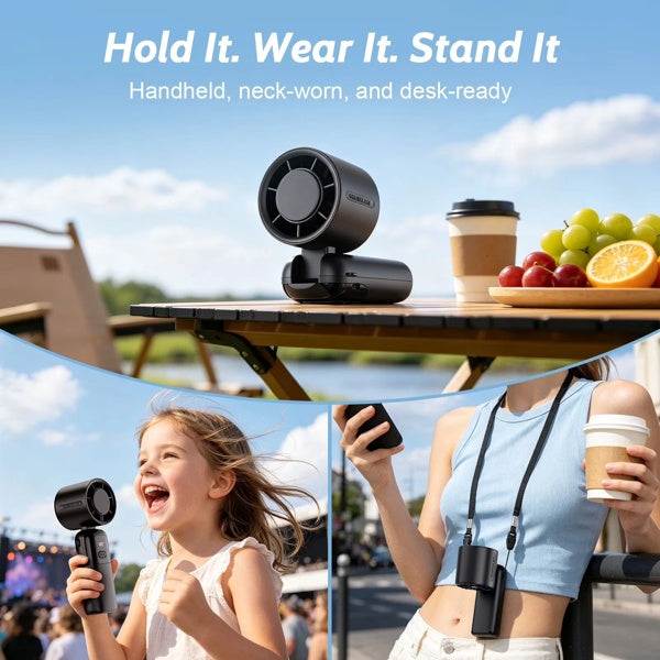 Infographic showing the fan's compact, lightweight portable size