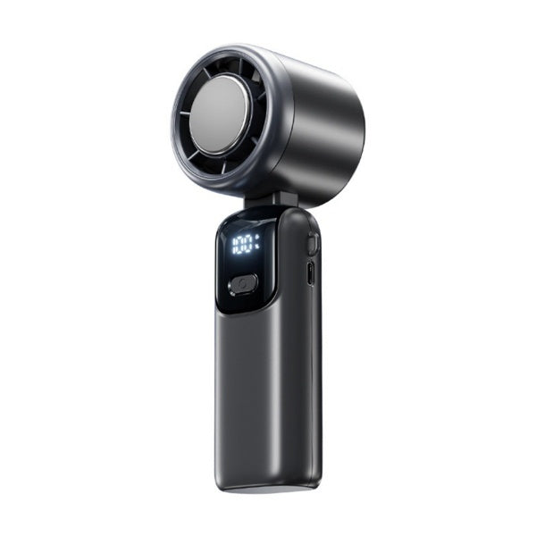 SundropThreads turbo handheld fan with instant ice cooling, front view of turbine head and LED display