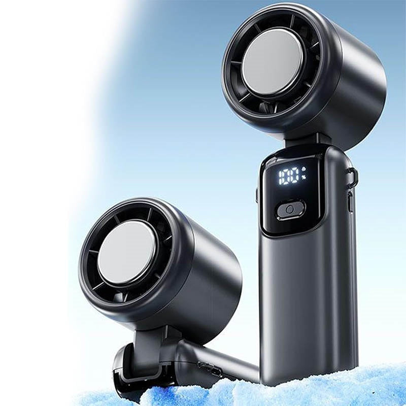 Foldable cooling fan folded flat for portable handheld use