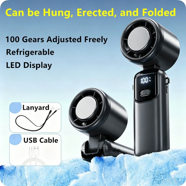 Infographic showing the fan's 90 degree foldable hinge for handheld or desk use